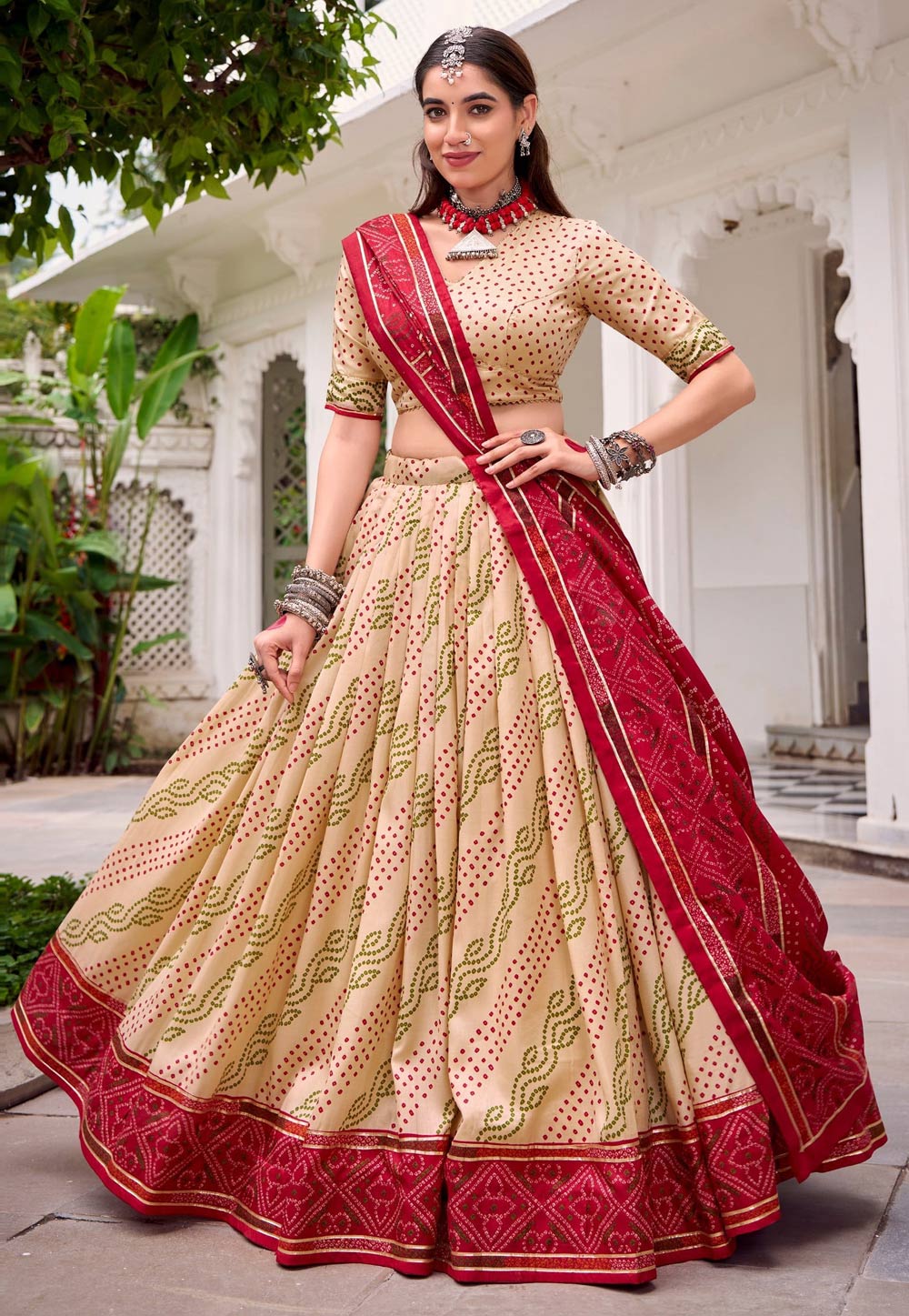 Tussar silk bandhej print Lehenga in beige (skirt stitched)