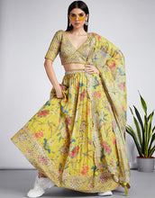 Mustard yellow organza digital printed lehenga