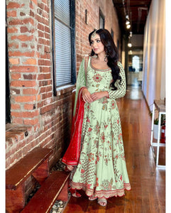 Mint green and red toned florals readymade anarkali