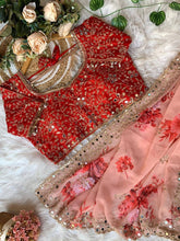 Peach and red mirror work floral saree