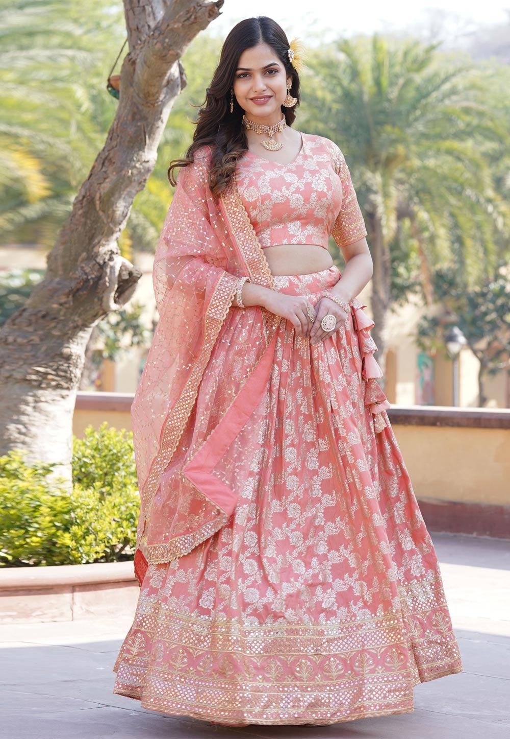 Pastel Peach viscose jacquard Lehenga (skirt stitched)