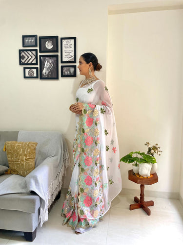 Floral sequins saree with multi colour embroidery in white