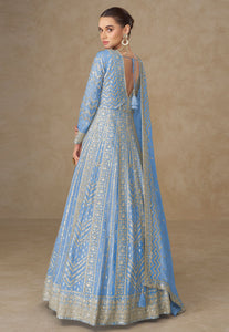 Sky blue chinon silk embroidered anarkali