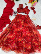 Pure organza red silk floral Lehenga