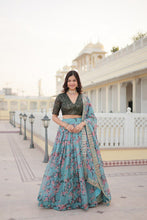 Blue floral printed Russian silk Lehenga (skirt stitched)