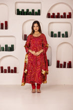 Red bandhej gown (plus size options up to 64 inches bust)