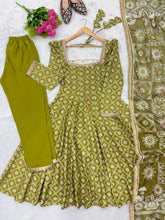 Olive green printed muslin silk Anarkali