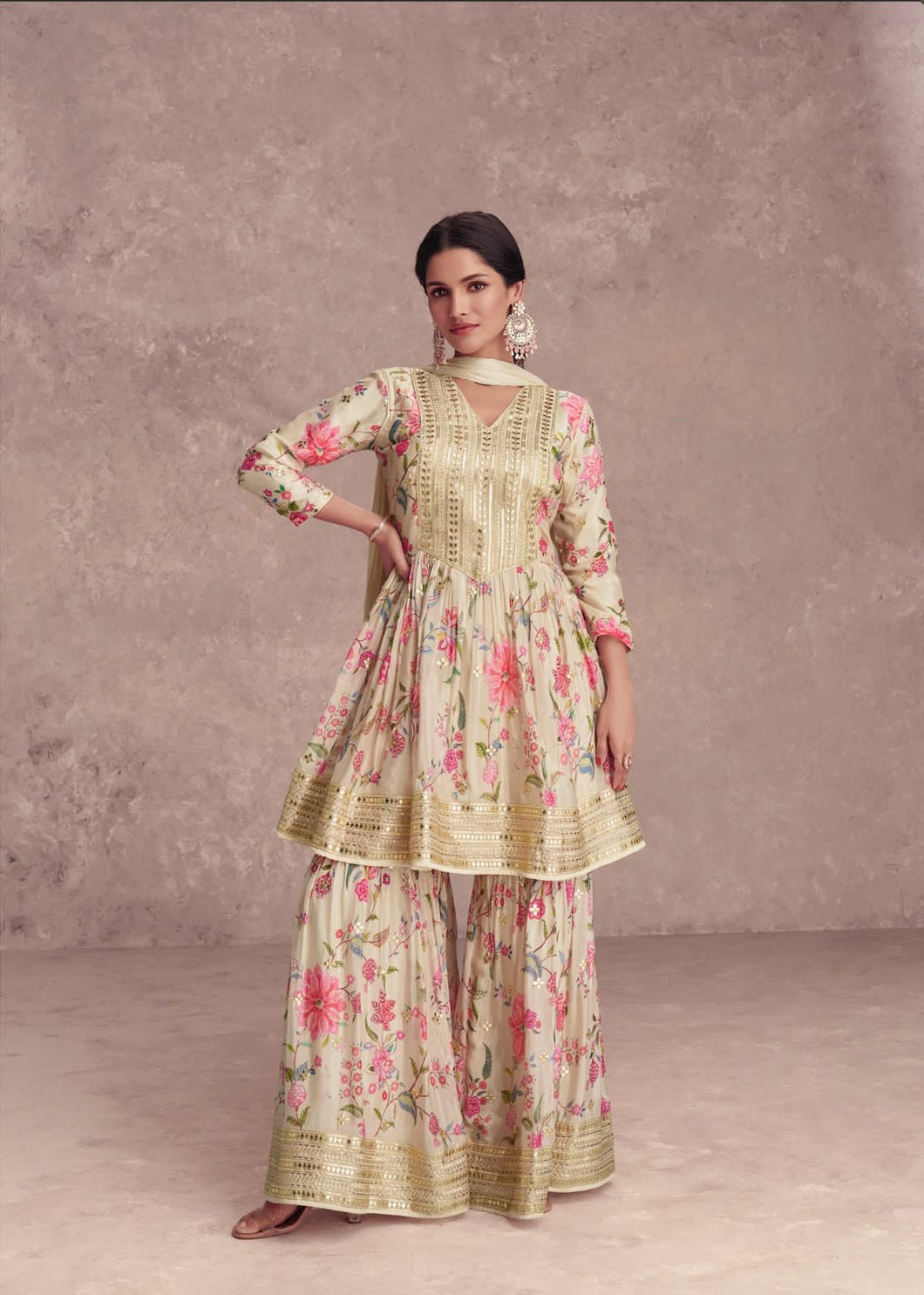 Pastel floral digital chinon sharara set in ivory - readymade