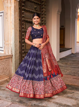 Tussar silk and ajrakh print Lehenga in navy blue