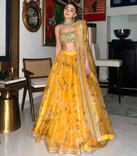 Yellow and gold organza silk floral readymade Lehenga