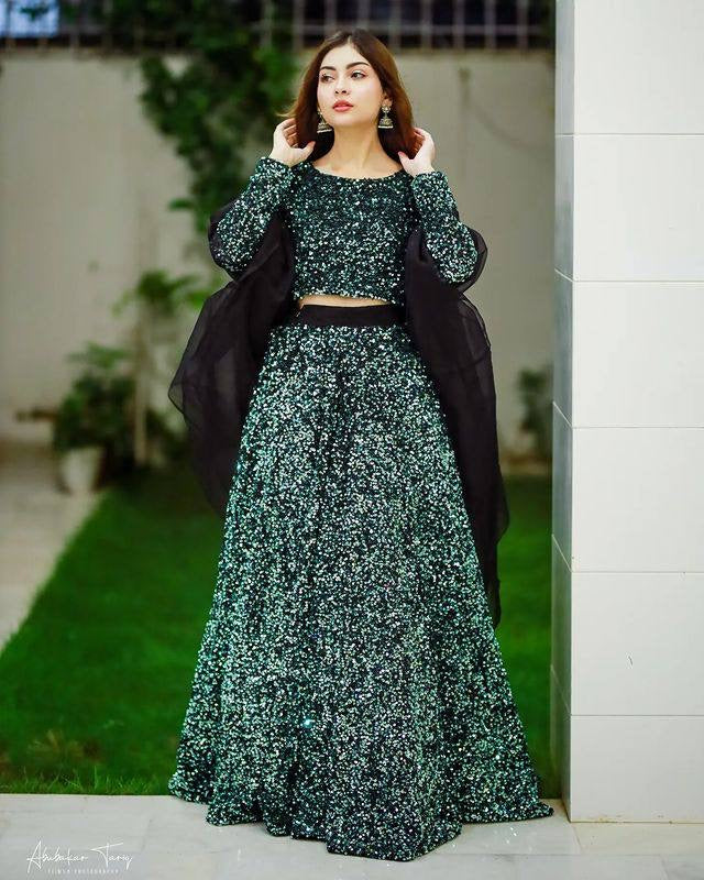 Bottle green velvet sequinned Lehenga