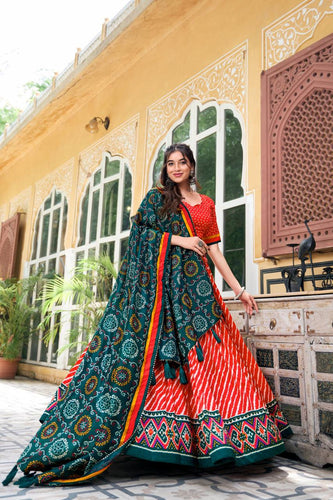 Tussar silk bandhej and Leheriya print in red (skirt stitched)