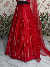 Red mirror work satin silk lehenga