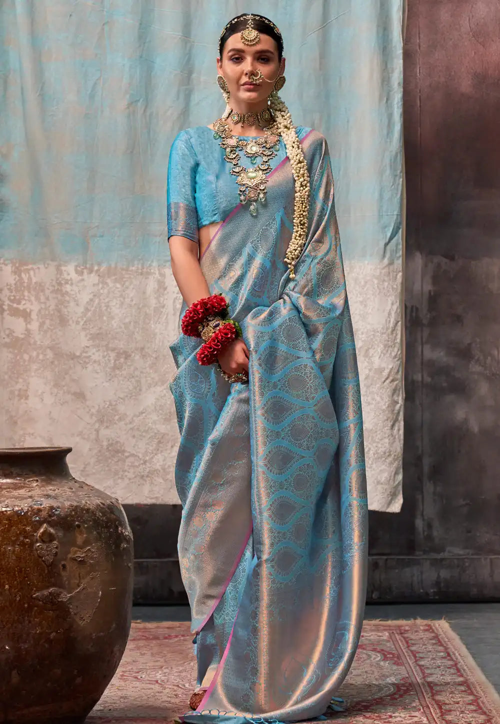 Sky blue savoy two toned silk saree