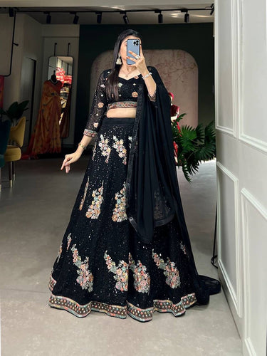 Black sequinned and floral motif Lehenga