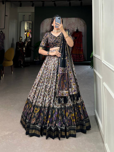 Tussar silk floral print contemporary Lehenga in black (skirt stitched)
