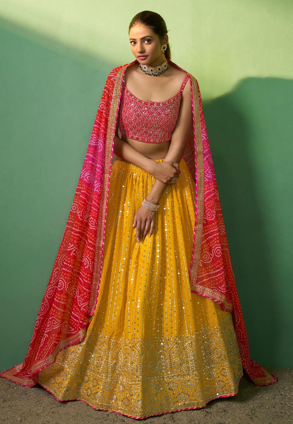 Arna collection - yellow and pink bandhani Lehenga