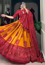 Tussar silk Lehenga bandhej print in mustard