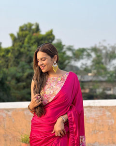 Hot pink floral and flared readymade saree (readymade blouse)