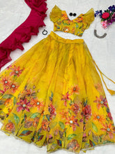 Yellow printed mirror work readymade Lehenga
