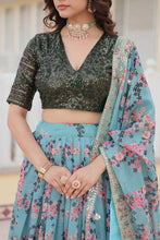 Blue floral printed Russian silk Lehenga (skirt stitched)