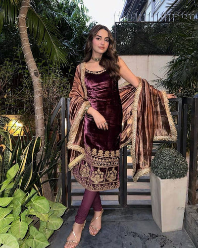 Deep purple viscose velvet readymade salwaar kameez