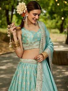 Sea green chiffon embroidered Lehenga