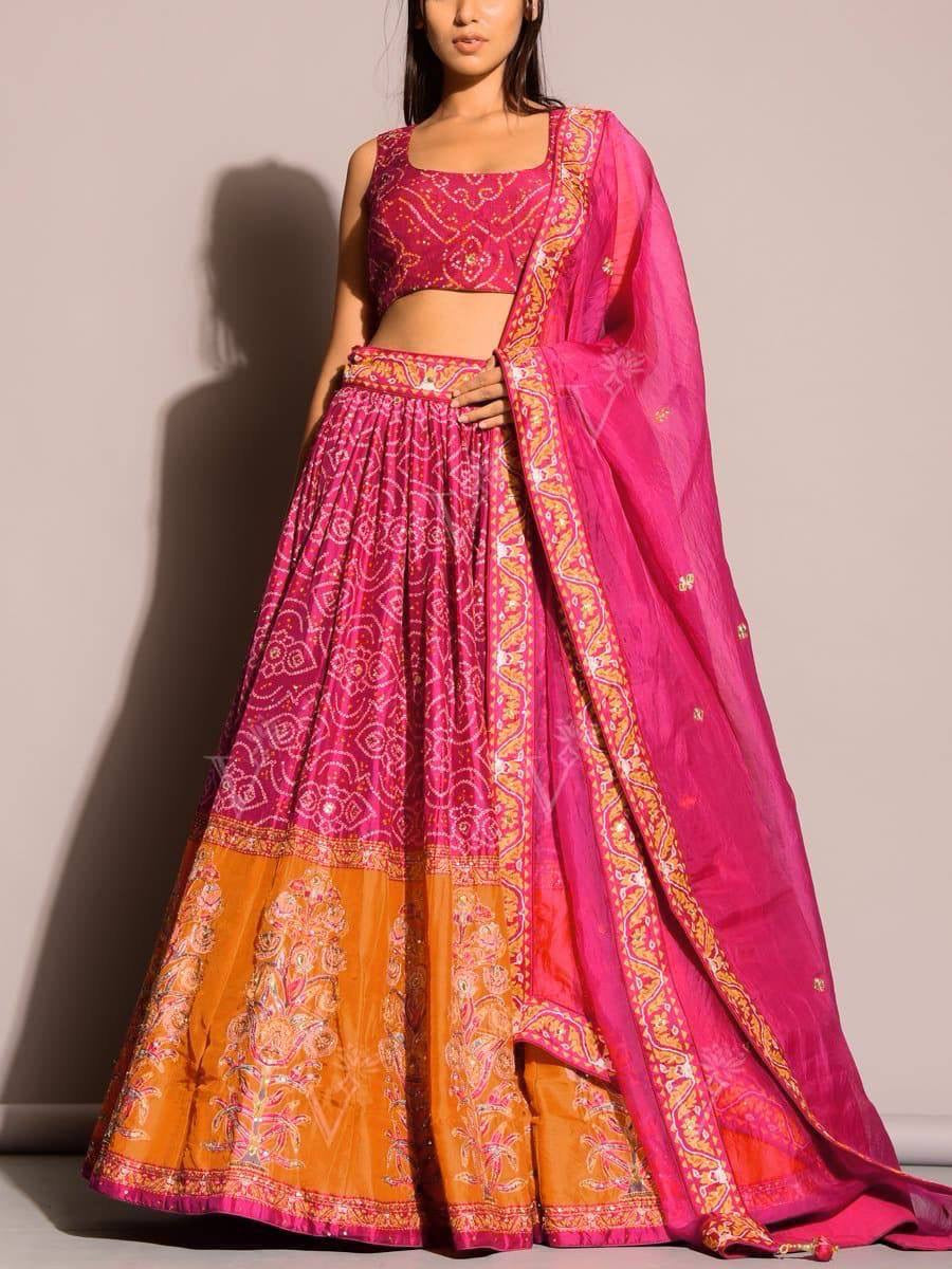Pink and orange bandhani look Lehenga
