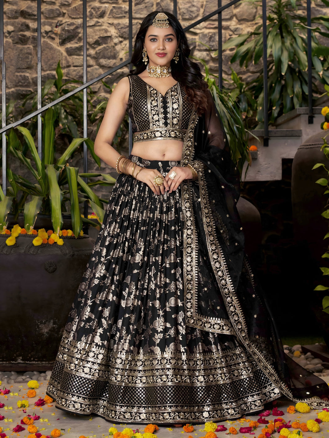 Dola silk jacquard Lehenga in black