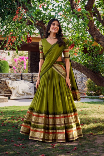 Pure chanderi and zari Lehenga in mehendi green (skirt stitched)