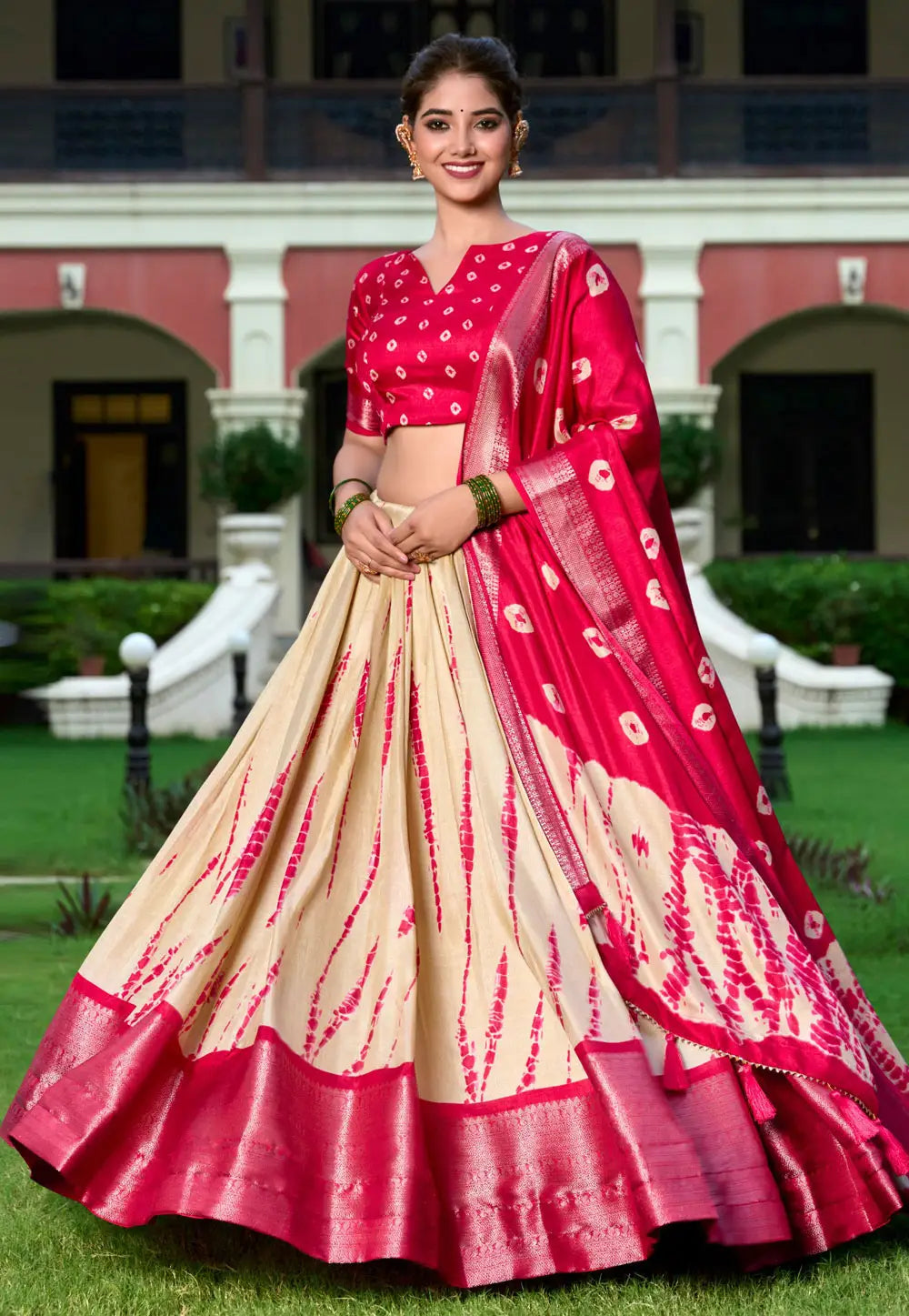 Dola silk shibori print red Lehenga