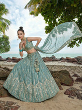 Turquoise chiffon zari embroidered lehenga