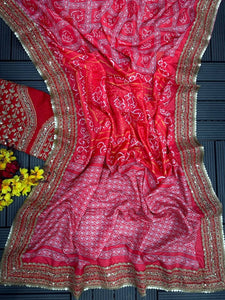 Red printed bandhani saree