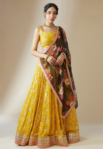 Karla collection - Yellow and black floral Lehenga