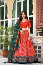 Tussar silk bandhej and Leheriya print in red (skirt stitched)