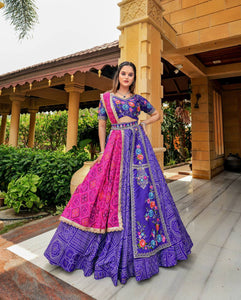 Purple traditional bandhani print readymade Lehenga (matching men’s kurta available)