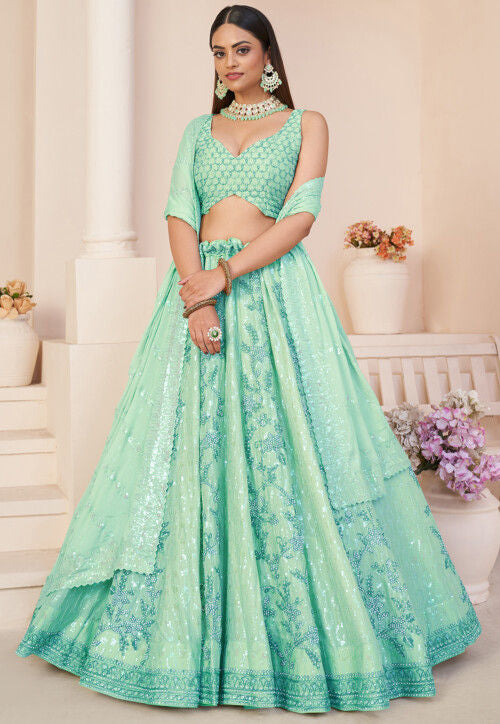 Sea green georgette floral and sequins Lehenga