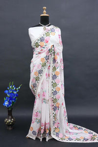 White flowers digital print saree