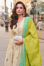 Ivory silk anarkali with green bandhani print dupatta