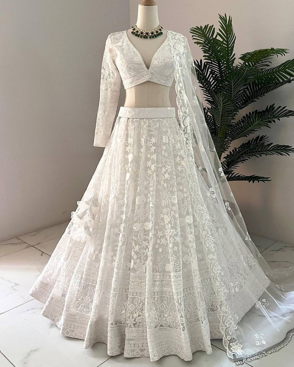 Stylish White butterfly net Lehenga
