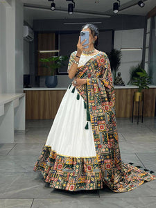 White and green foil work cotton chaniya choli - readymade