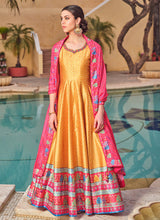 Yellow pink embroidery and printed Dola silk gown