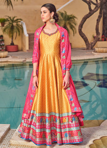 Yellow pink embroidery and printed Dola silk gown