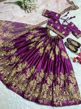 Purple satin and gold lehenga