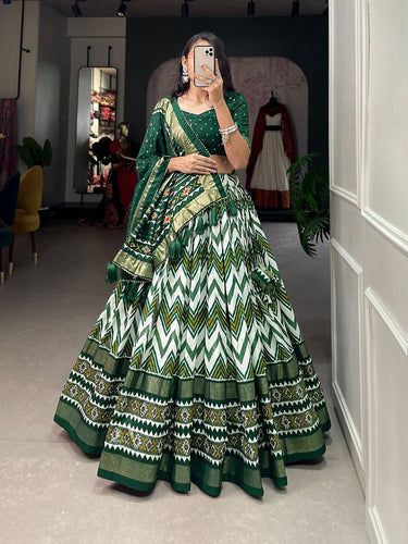 Tussar silk lehengas chevron leheriya style (skirt stitched) - green