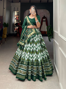 Tussar silk lehengas chevron leheriya style (skirt stitched) - green