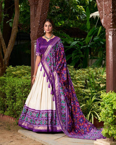 Tussar silk Lehenga with patola print in purple