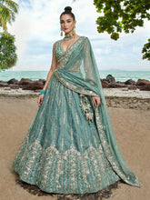 Turquoise chiffon zari embroidered lehenga