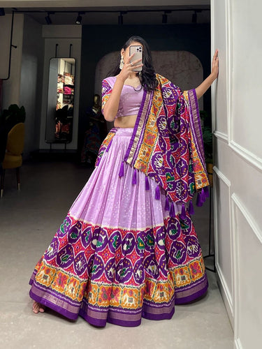 Tussar silk lehengas with bandhej and patola print (skirt stitched) - lavender