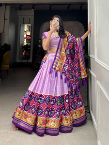Tussar silk lehengas with bandhej and patola print (skirt stitched) - lavender